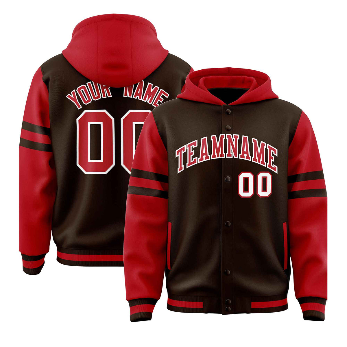 Custom Brown Red Raglan Sleeves Varsity Full-Snap Letterman Three Stripes Jacket Hoodie| KXKSHOP