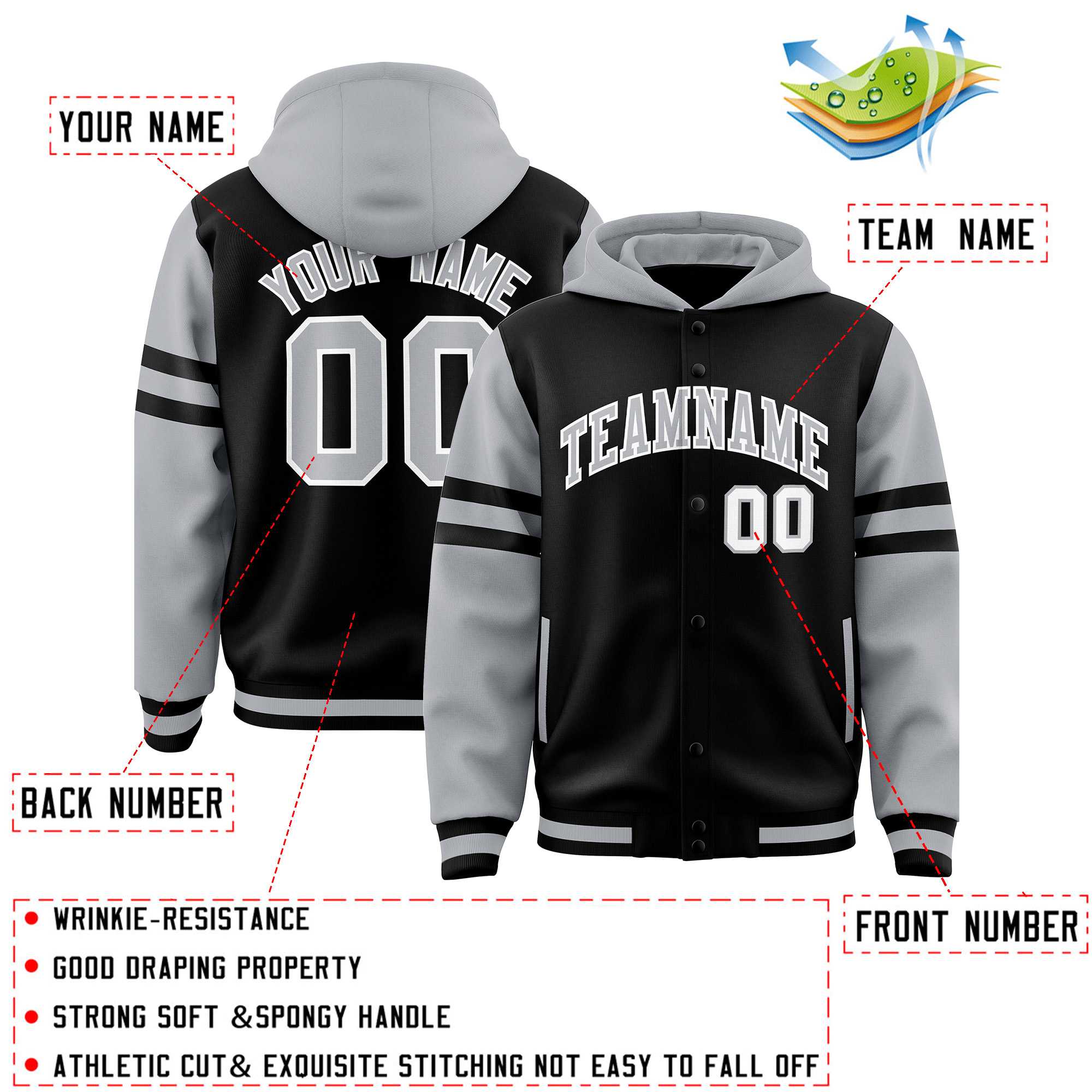 Custom Black Silver Raglan Sleeves Varsity Full-Snap Letterman Three Stripes Jacket Hoodie| KXKSHOP