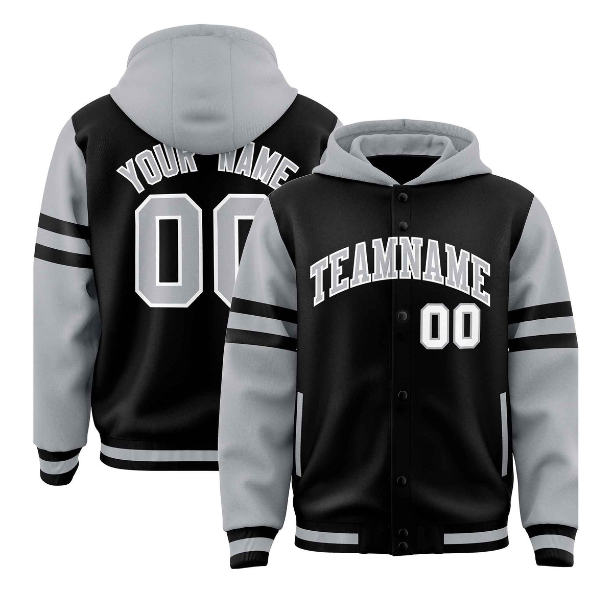 Custom Black Silver Raglan Sleeves Varsity Full-Snap Letterman Three Stripes Jacket Hoodie| KXKSHOP