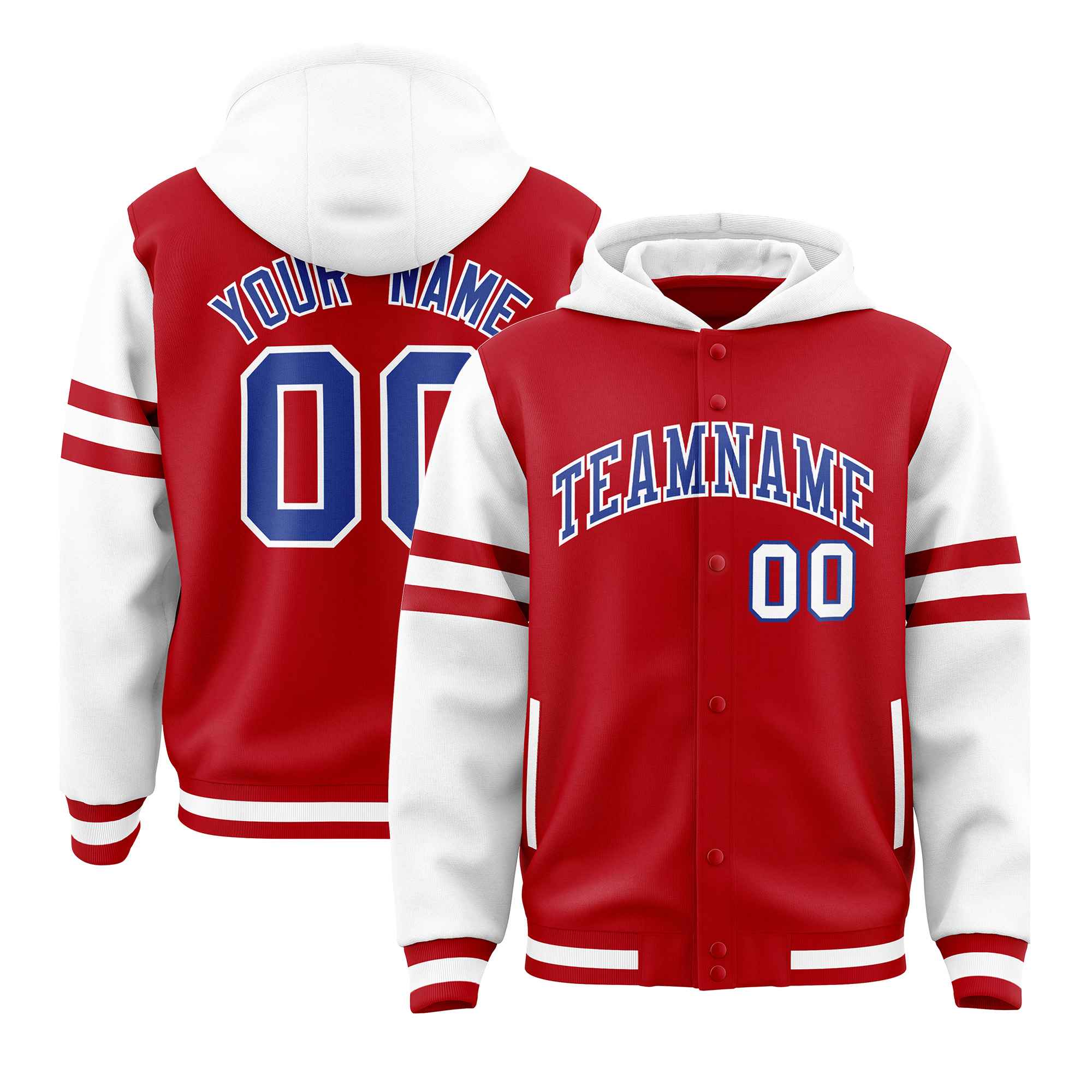 Custom Red White Raglan Sleeves Varsity Full-Snap Letterman Three Stripes Jacket Hoodie| KXKSHOP