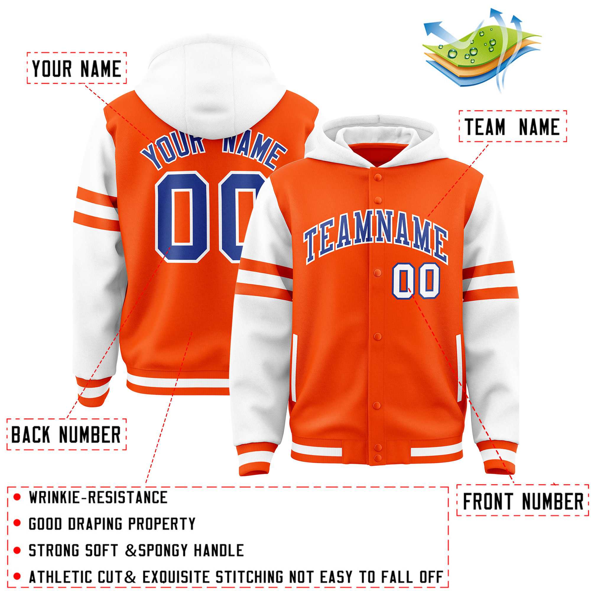 Custom Orange White Raglan Sleeves Varsity Full-Snap Letterman Three Stripes Jacket Hoodie| KXKSHOP