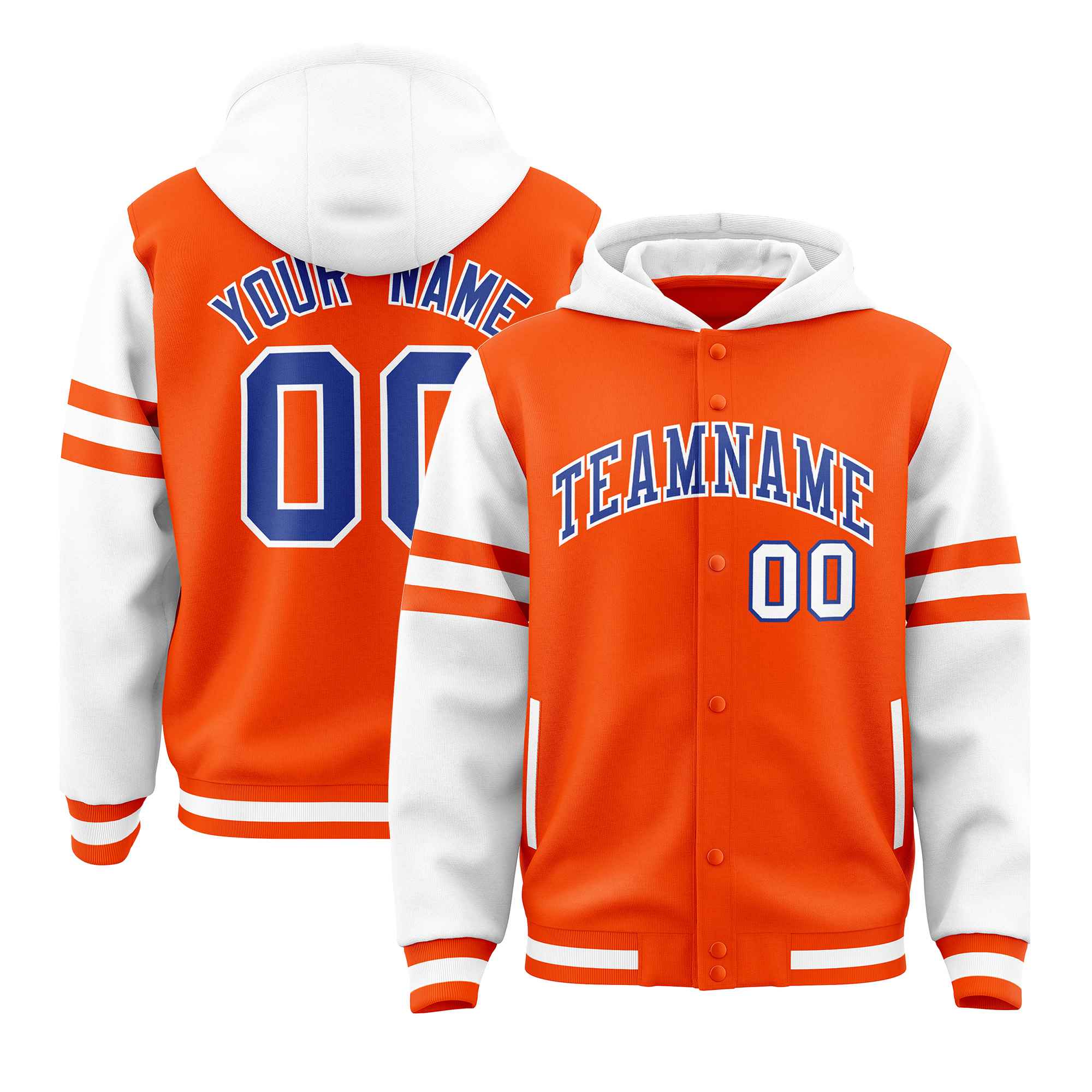 Custom Orange White Raglan Sleeves Varsity Full-Snap Letterman Three Stripes Jacket Hoodie| KXKSHOP