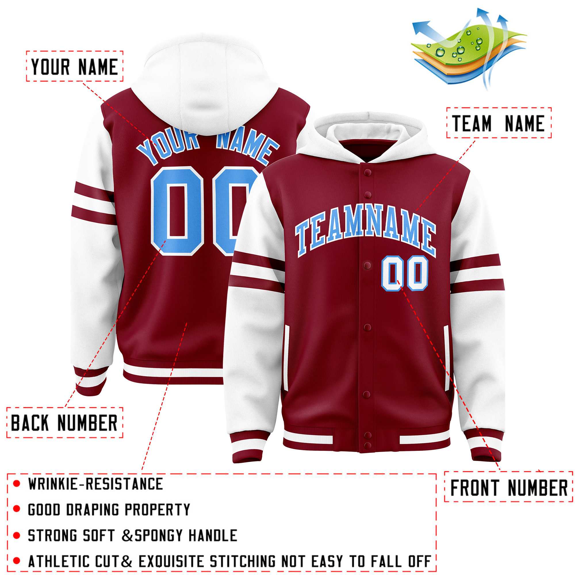 Custom Crimson White Raglan Sleeves Varsity Full-Snap Letterman Three Stripes Jacket Hoodie| KXKSHOP
