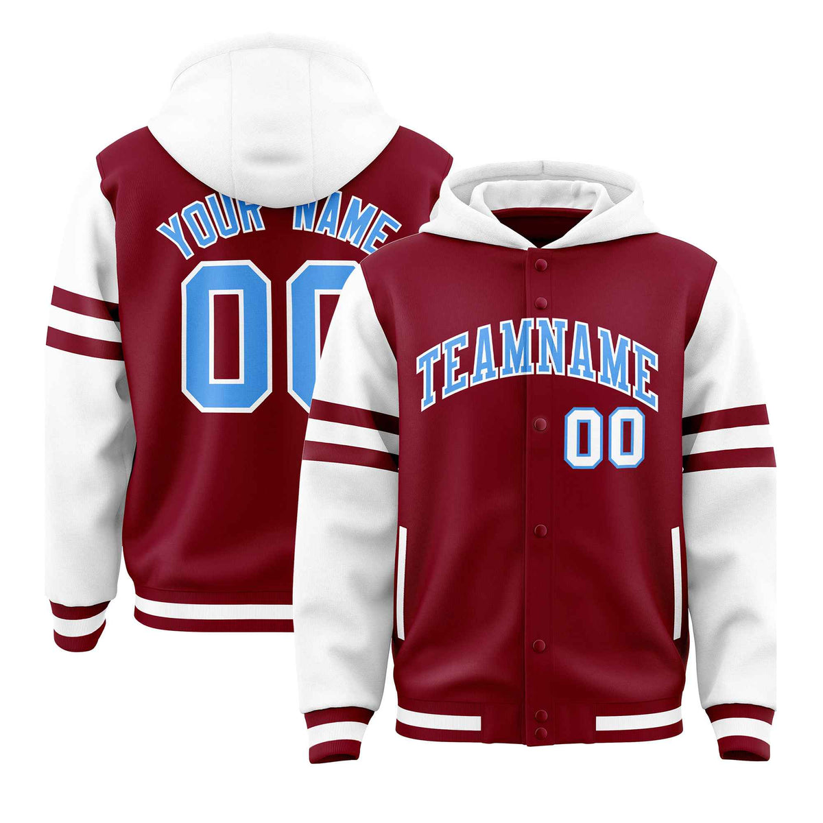 Custom Crimson White Raglan Sleeves Varsity Full-Snap Letterman Three Stripes Jacket Hoodie| KXKSHOP