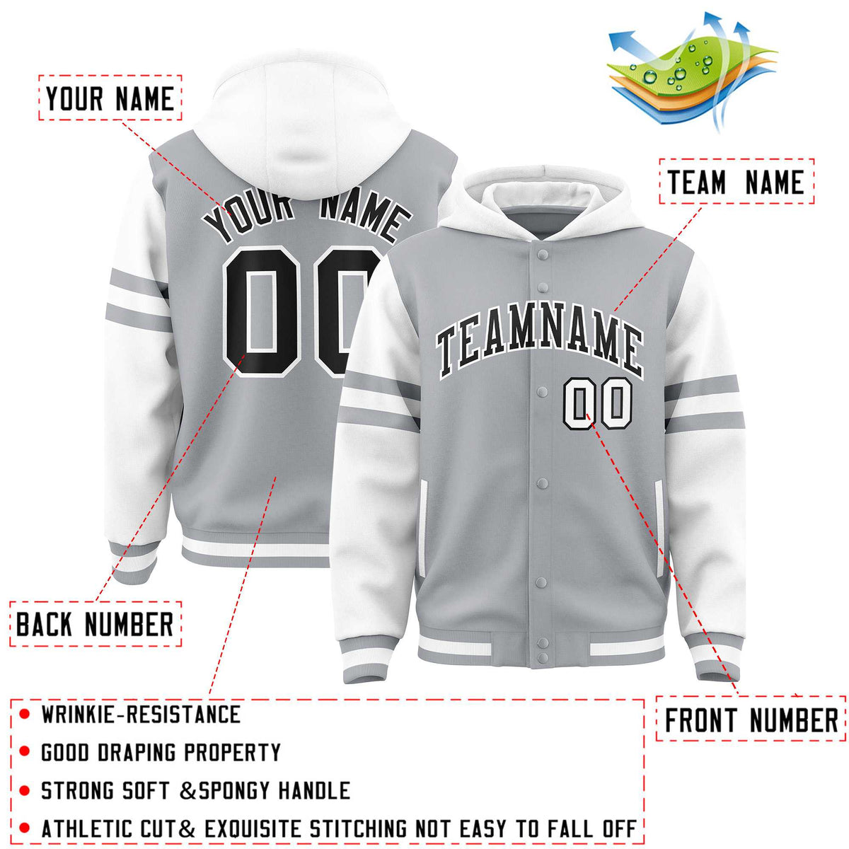 Custom Silver White Raglan Sleeves Varsity Full-Snap Letterman Three Stripes Jacket Hoodie| KXKSHOP