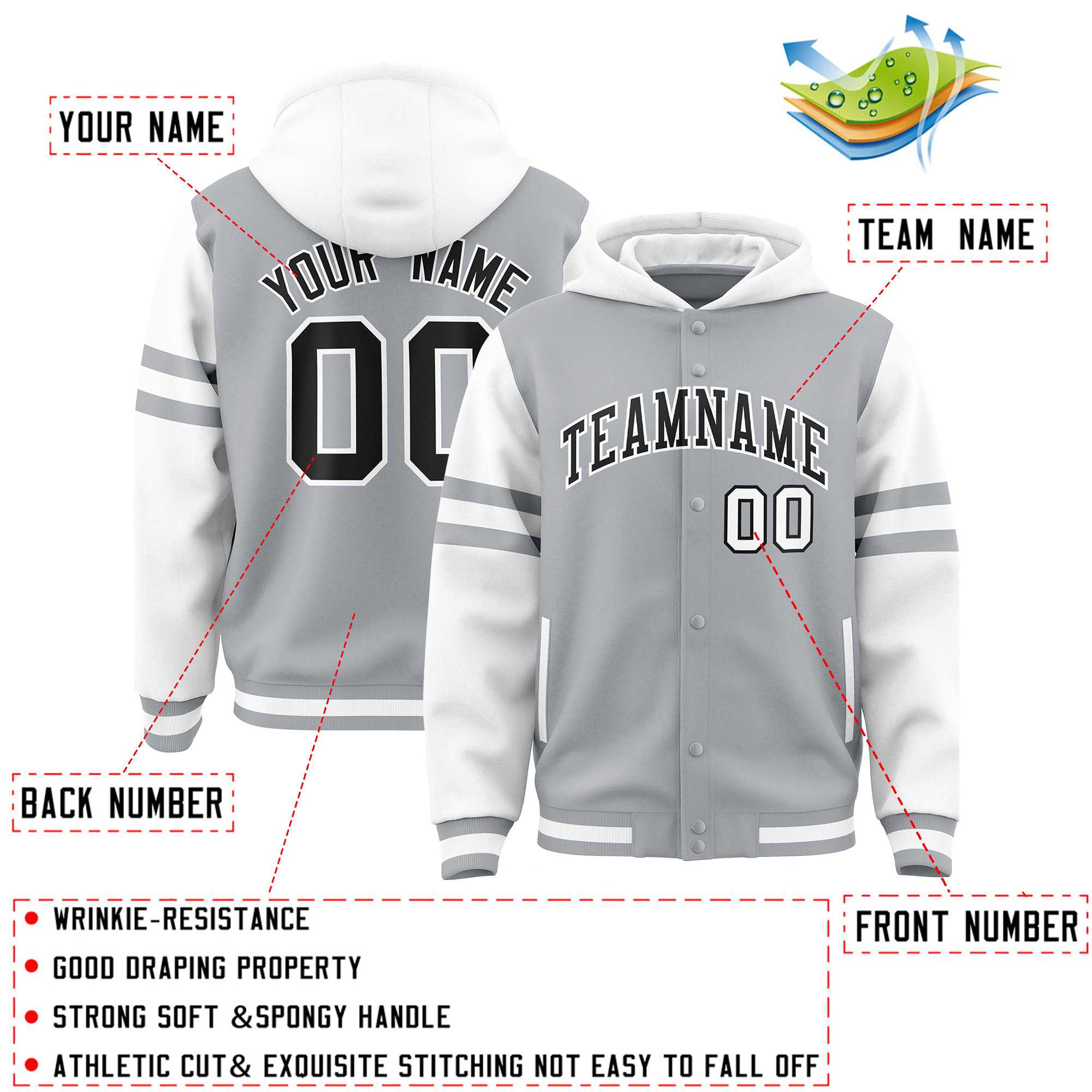 Custom Silver White Raglan Sleeves Varsity Full-Snap Letterman Three Stripes Jacket Hoodie| KXKSHOP