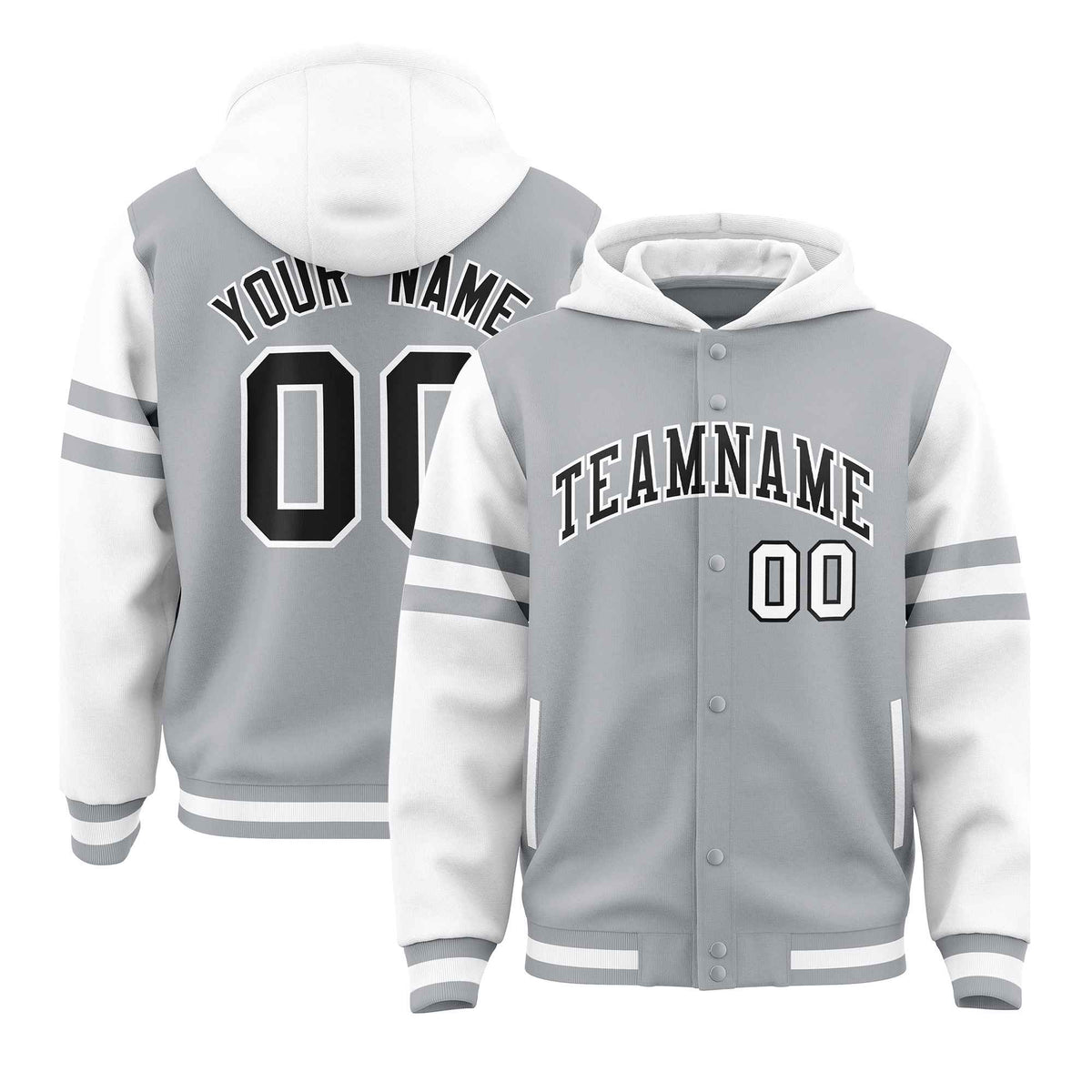 Custom Silver White Raglan Sleeves Varsity Full-Snap Letterman Three Stripes Jacket Hoodie| KXKSHOP