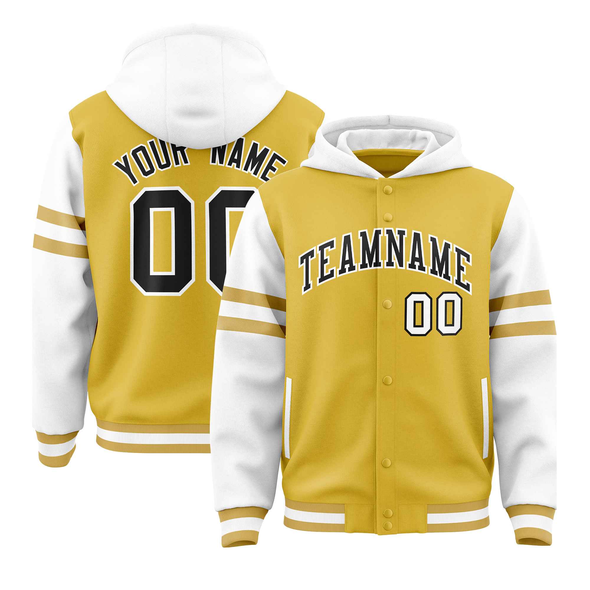 Custom Old Gold White Raglan Sleeves Varsity Full-Snap Letterman Three Stripes Jacket Hoodie| KXKSHOP