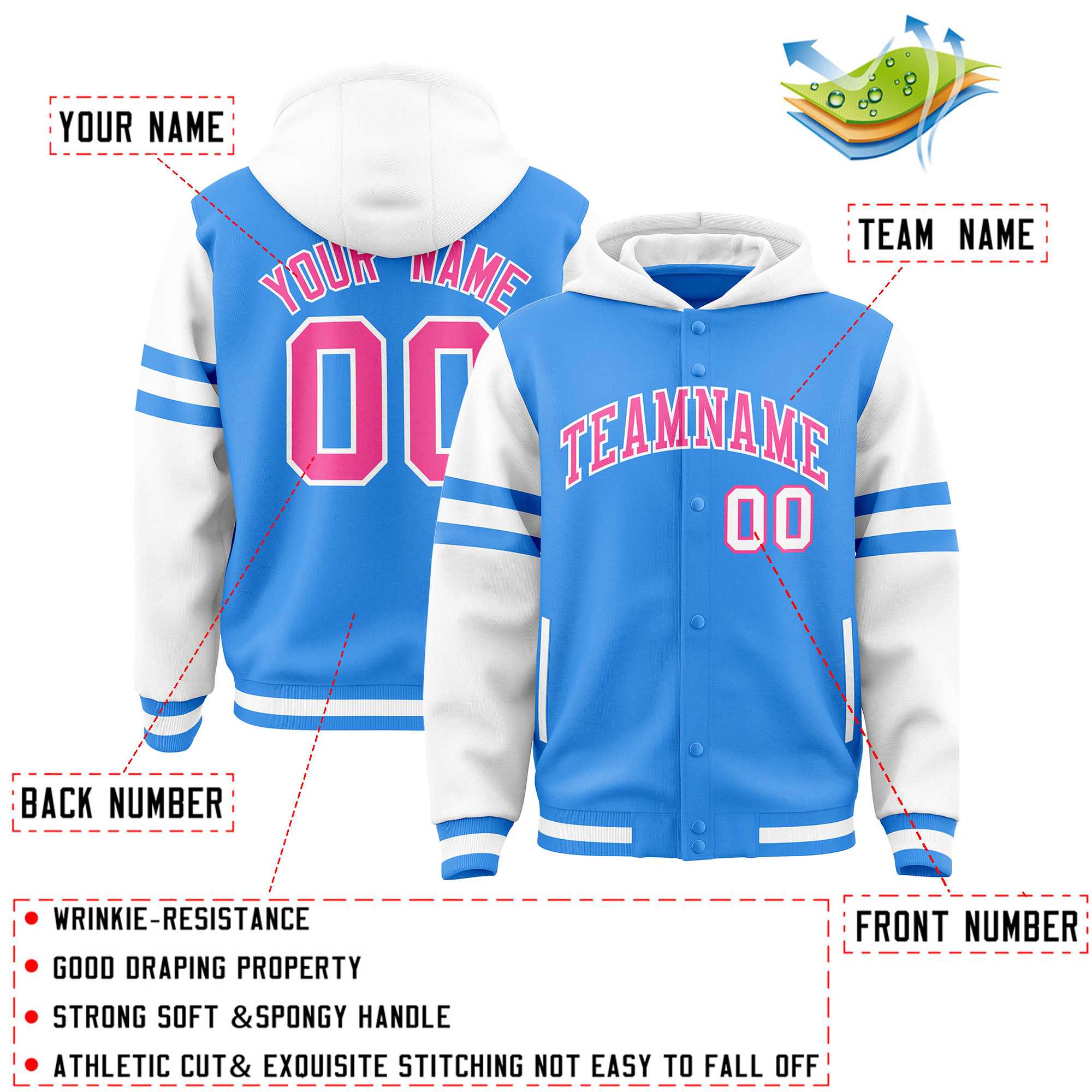 Custom Powder Blue White Raglan Sleeves Varsity Full-Snap Letterman Three Stripes Jacket Hoodie| KXKSHOP