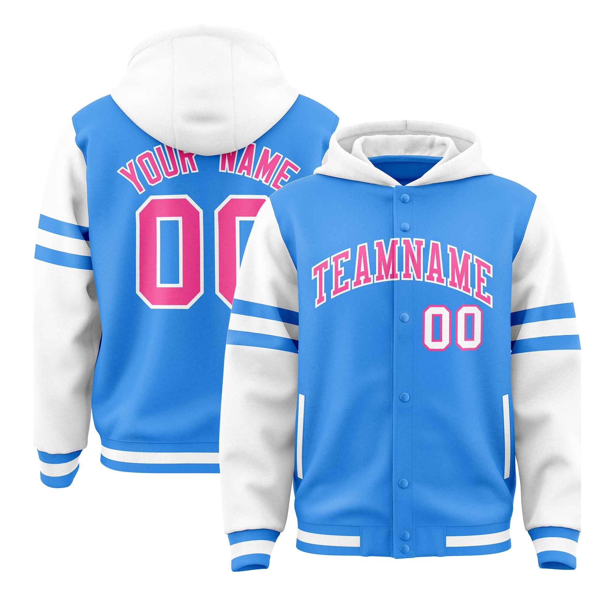 Custom Powder Blue White Raglan Sleeves Varsity Full-Snap Letterman Three Stripes Jacket Hoodie| KXKSHOP