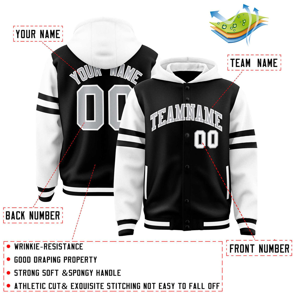 Custom Black White Raglan Sleeves Varsity Full-Snap Letterman Three Stripes Jacket Hoodie| KXKSHOP