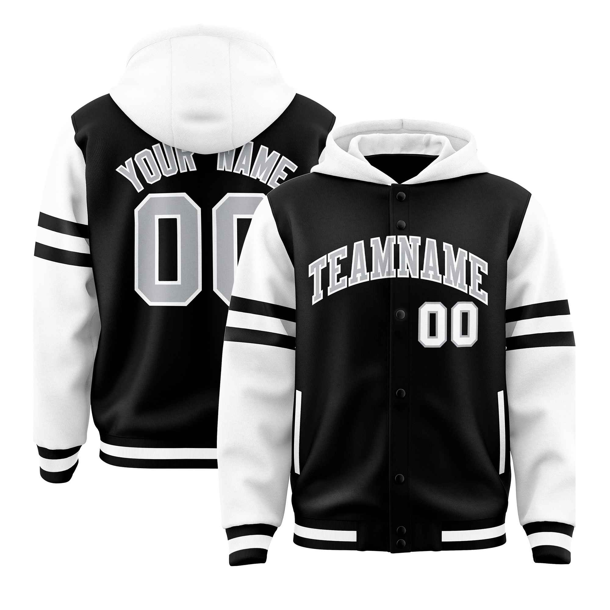 Custom Black White Raglan Sleeves Varsity Full-Snap Letterman Three Stripes Jacket Hoodie| KXKSHOP