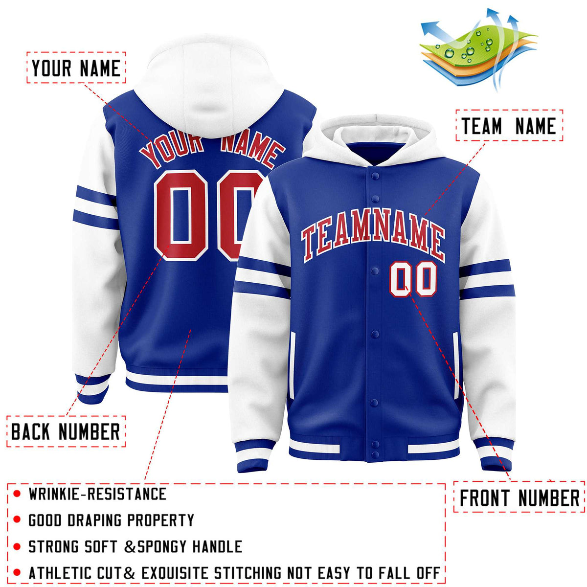 Custom Royal White Raglan Sleeves Varsity Full-Snap Letterman Three Stripes Jacket Hoodie| KXKSHOP