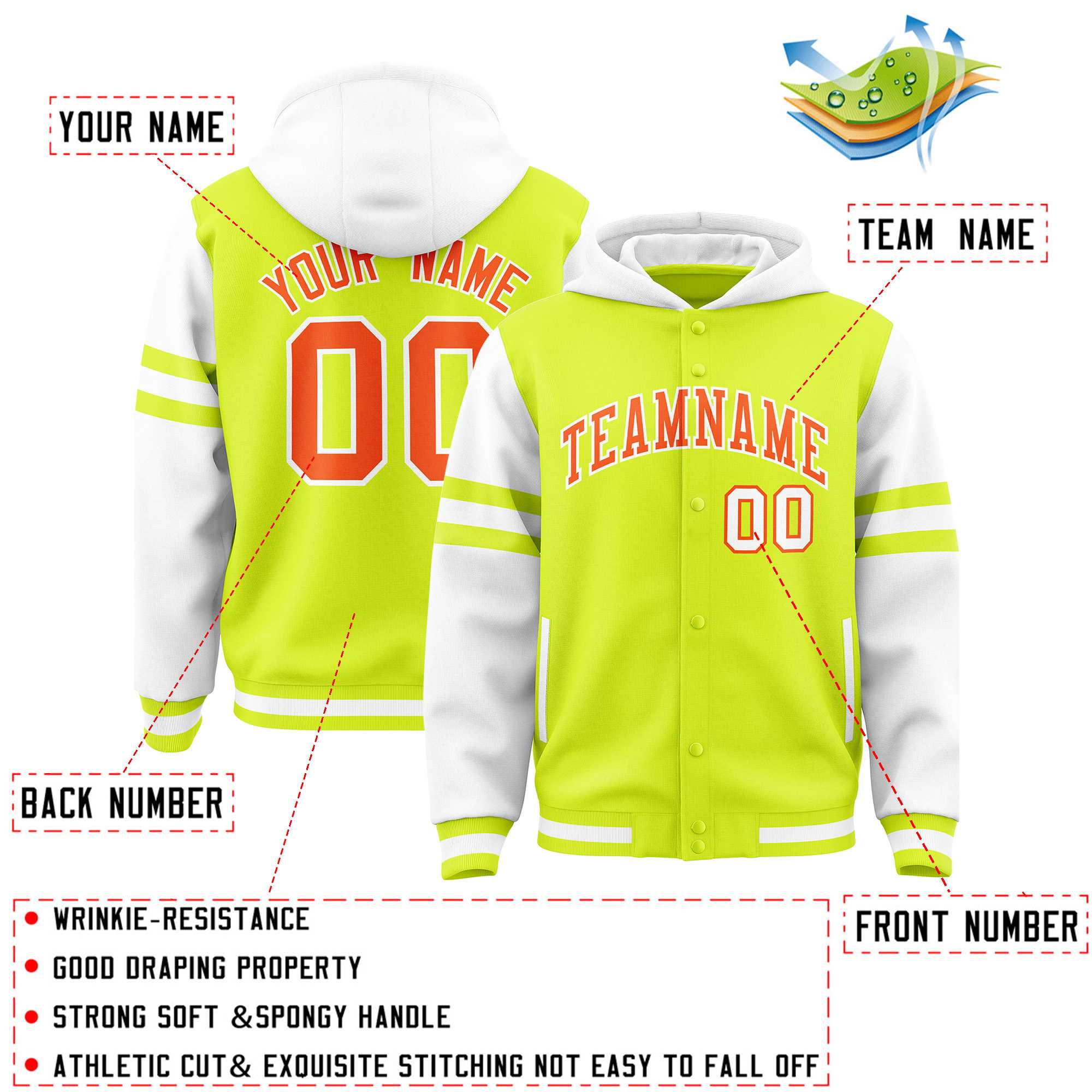 Custom Fluorescent Green White Raglan Sleeves Varsity Full-Snap Letterman Three Stripes Jacket Hoodie| KXKSHOP