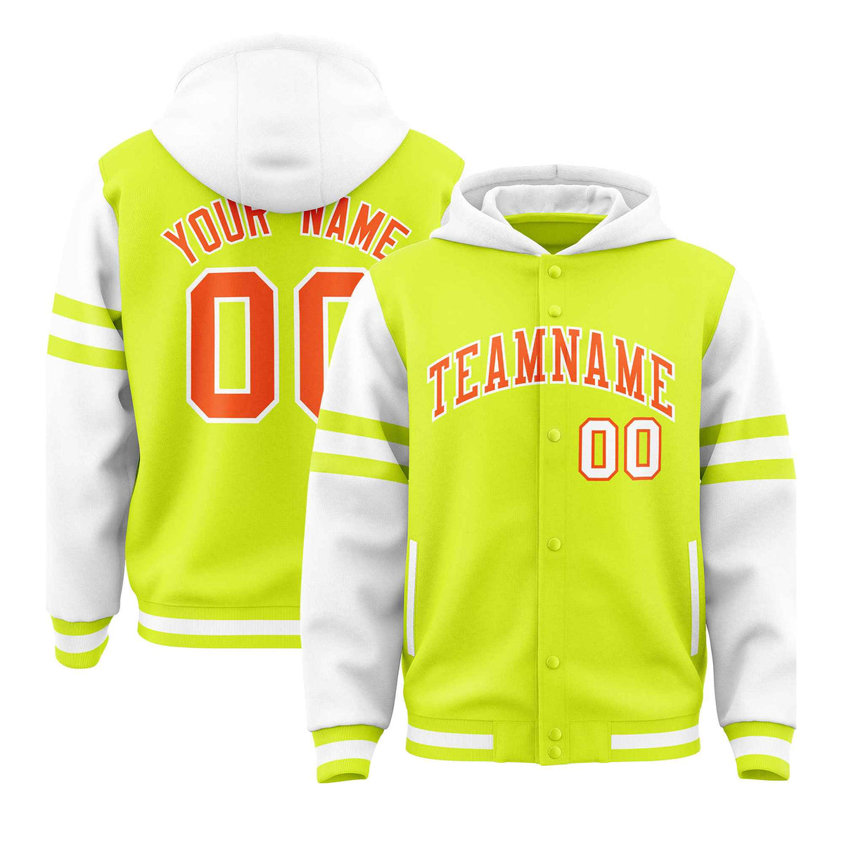 Custom Fluorescent Green White Raglan Sleeves Varsity Full-Snap Letterman Three Stripes Jacket Hoodie| KXKSHOP