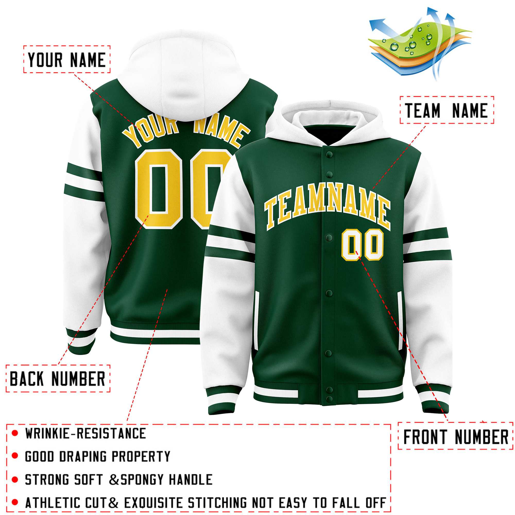 Custom Green White Raglan Sleeves Varsity Full-Snap Letterman Three Stripes Jacket Hoodie| KXKSHOP