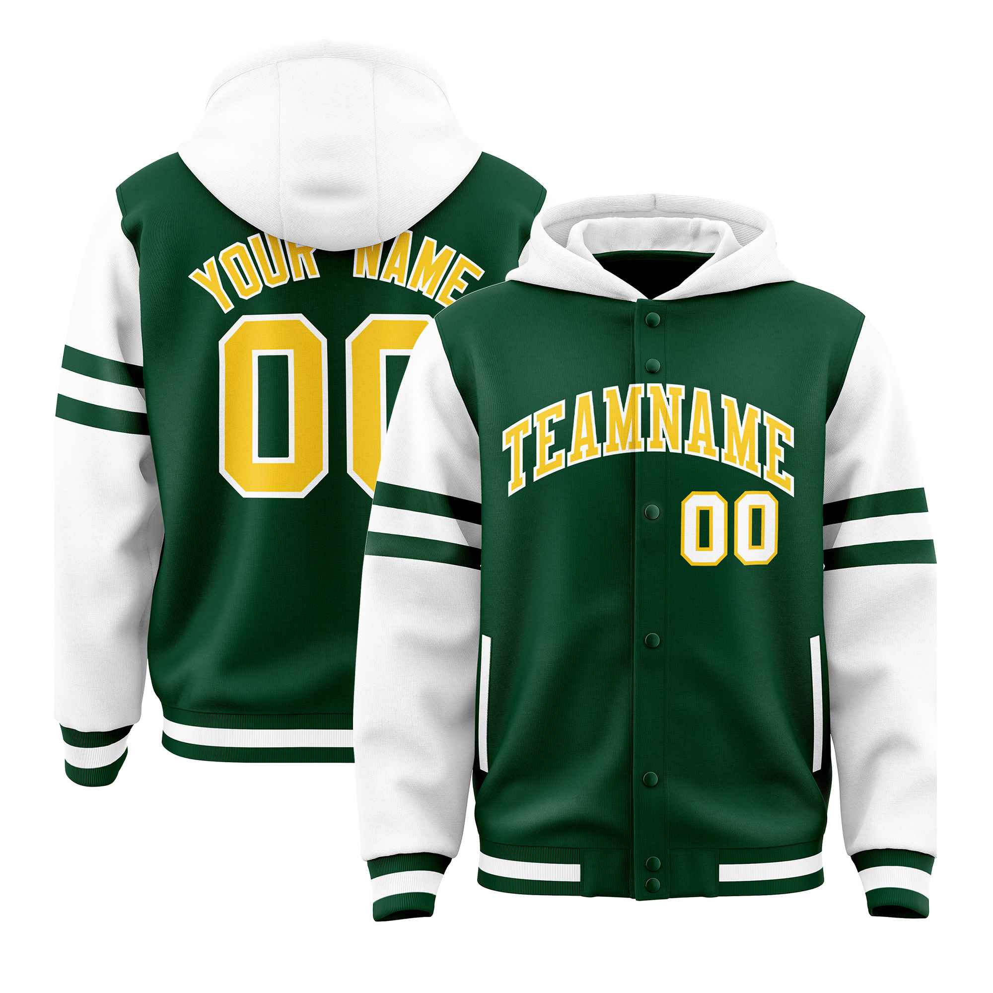 Custom Green White Raglan Sleeves Varsity Full-Snap Letterman Three Stripes Jacket Hoodie| KXKSHOP