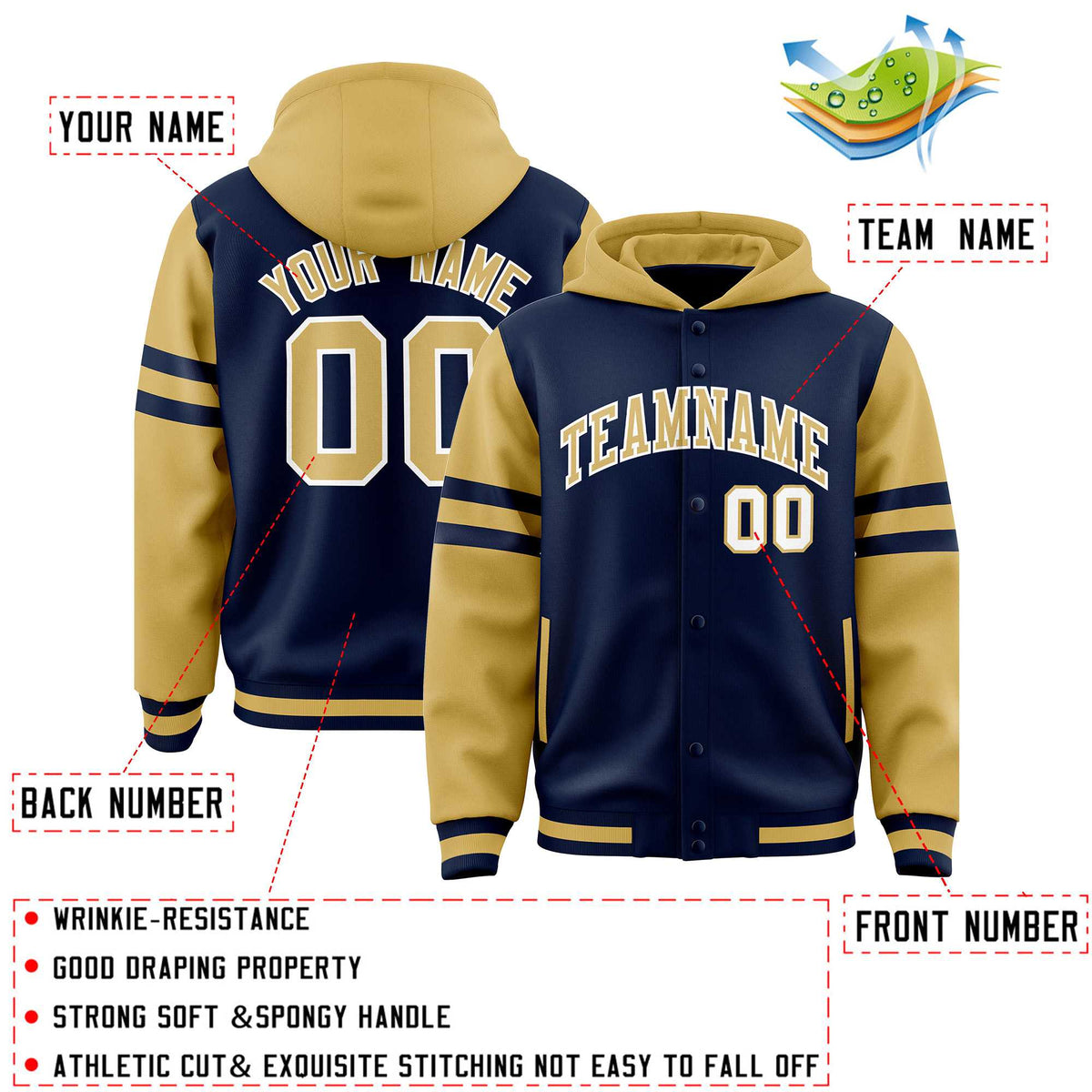 Custom Navy Old Gold Raglan Sleeves Varsity Full-Snap Letterman Three Stripes Jacket Hoodie| KXKSHOP