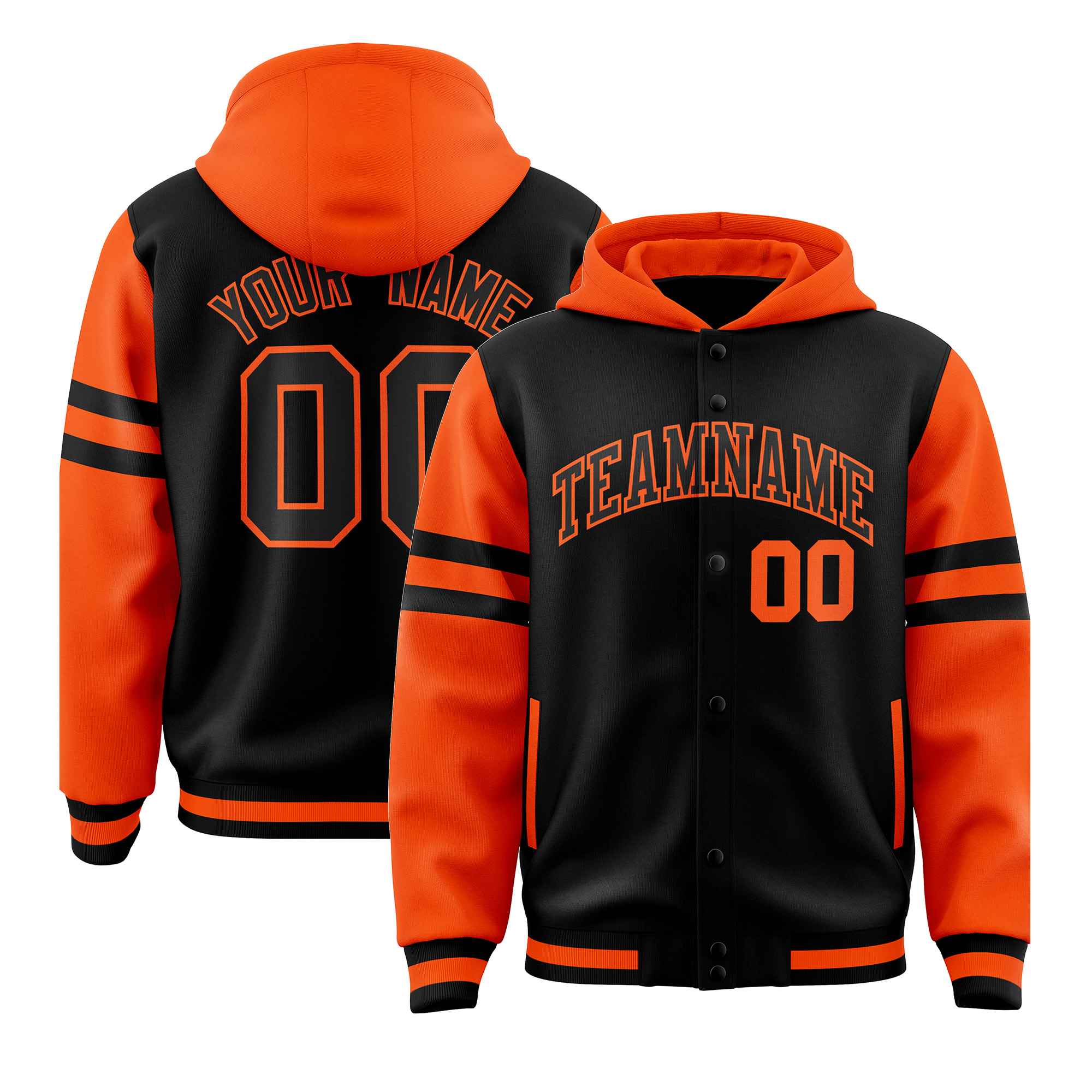 Custom Black Orange Raglan Sleeves Varsity Full-Snap Letterman Three Stripes Jacket Hoodie| KXKSHOP