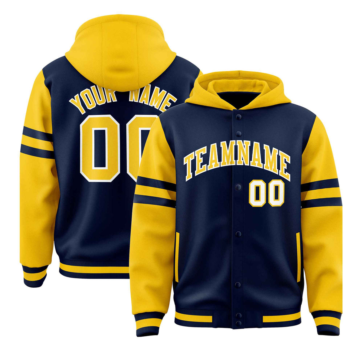 Custom Navy Gold Raglan Sleeves Varsity Full-Snap Letterman Three Stripes Jacket Hoodie| KXKSHOP