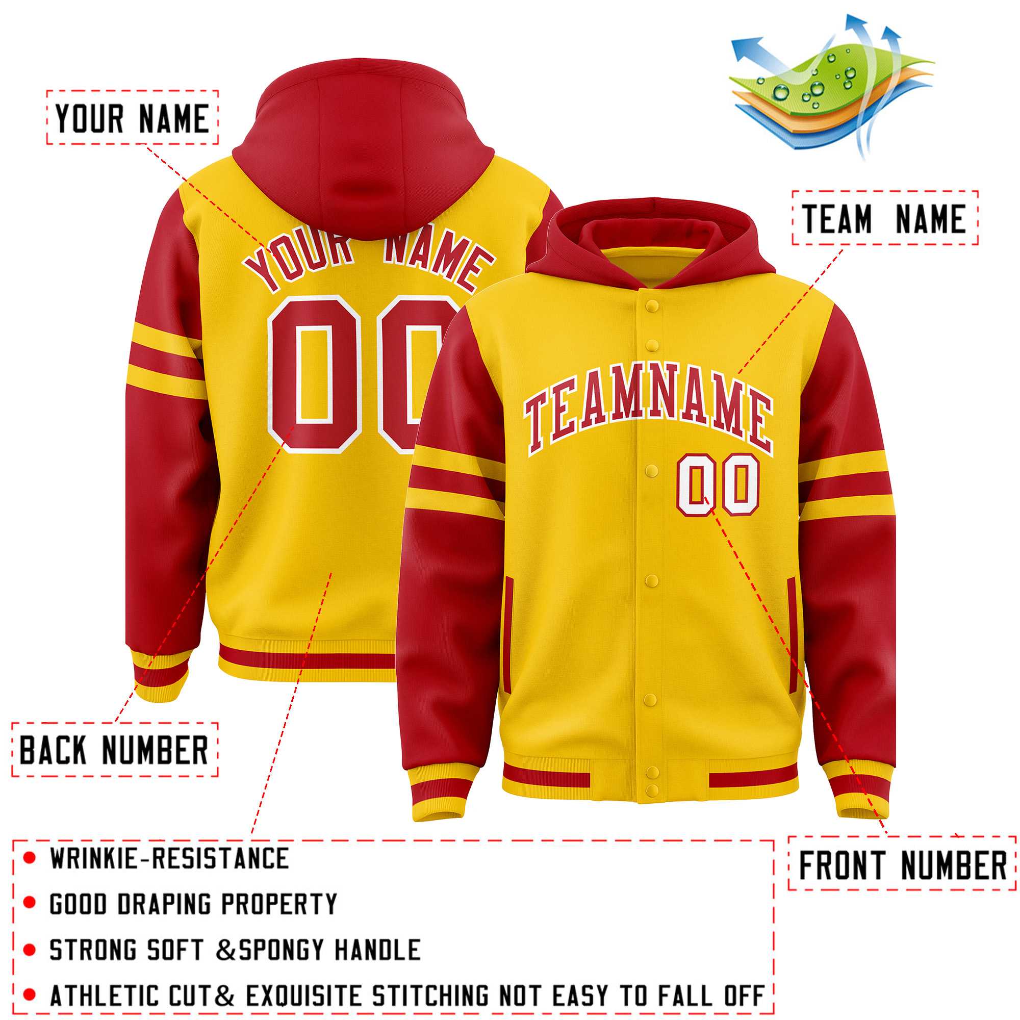 Custom Gold Red Raglan Sleeves Varsity Full-Snap Letterman Three Stripes Jacket Hoodie| KXKSHOP