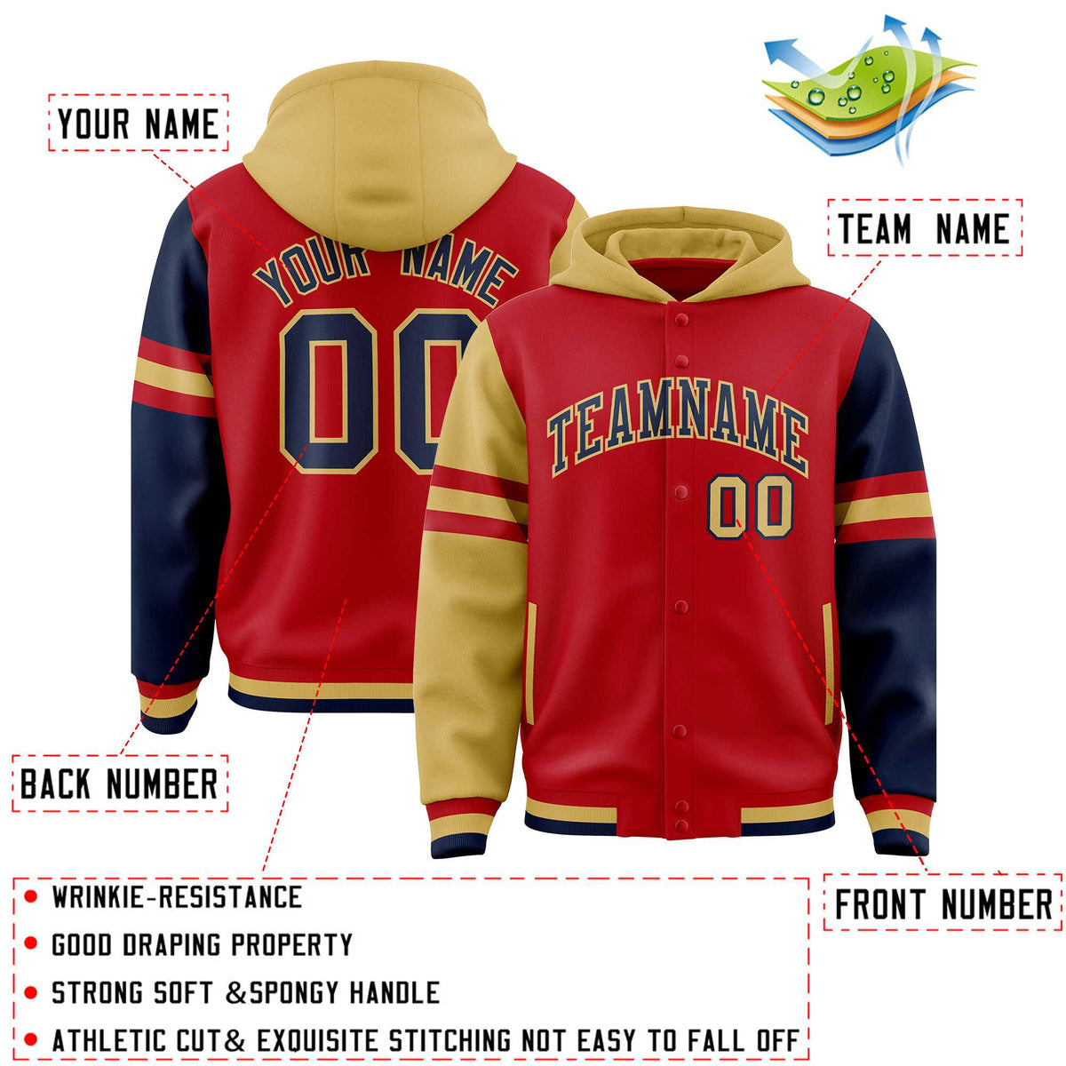 Custom Red Old Gold-Navy Raglan Sleeves Varsity Full-Snap Letterman Three Stripes Jacket Hoodie| KXKSHOP