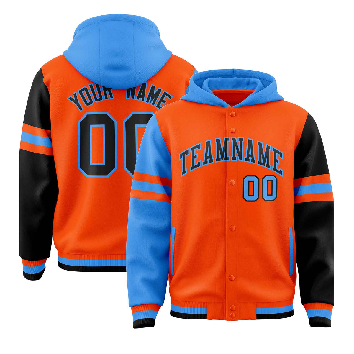 Custom Orange Powder Blue-Black Raglan Sleeves Varsity Full-Snap Letterman Three Stripes Jacket Hoodie| KXKSHOP