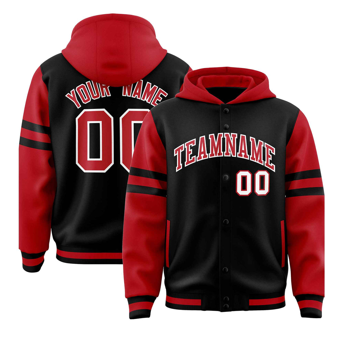 Custom Black Red Raglan Sleeves Varsity Full-Snap Letterman Three Stripes Jacket Hoodie| KXKSHOP