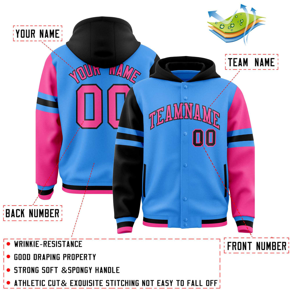 Custom Powder Blue Black-Pink Raglan Sleeves Varsity Full-Snap Letterman Three Stripes Jacket Hoodie| KXKSHOP