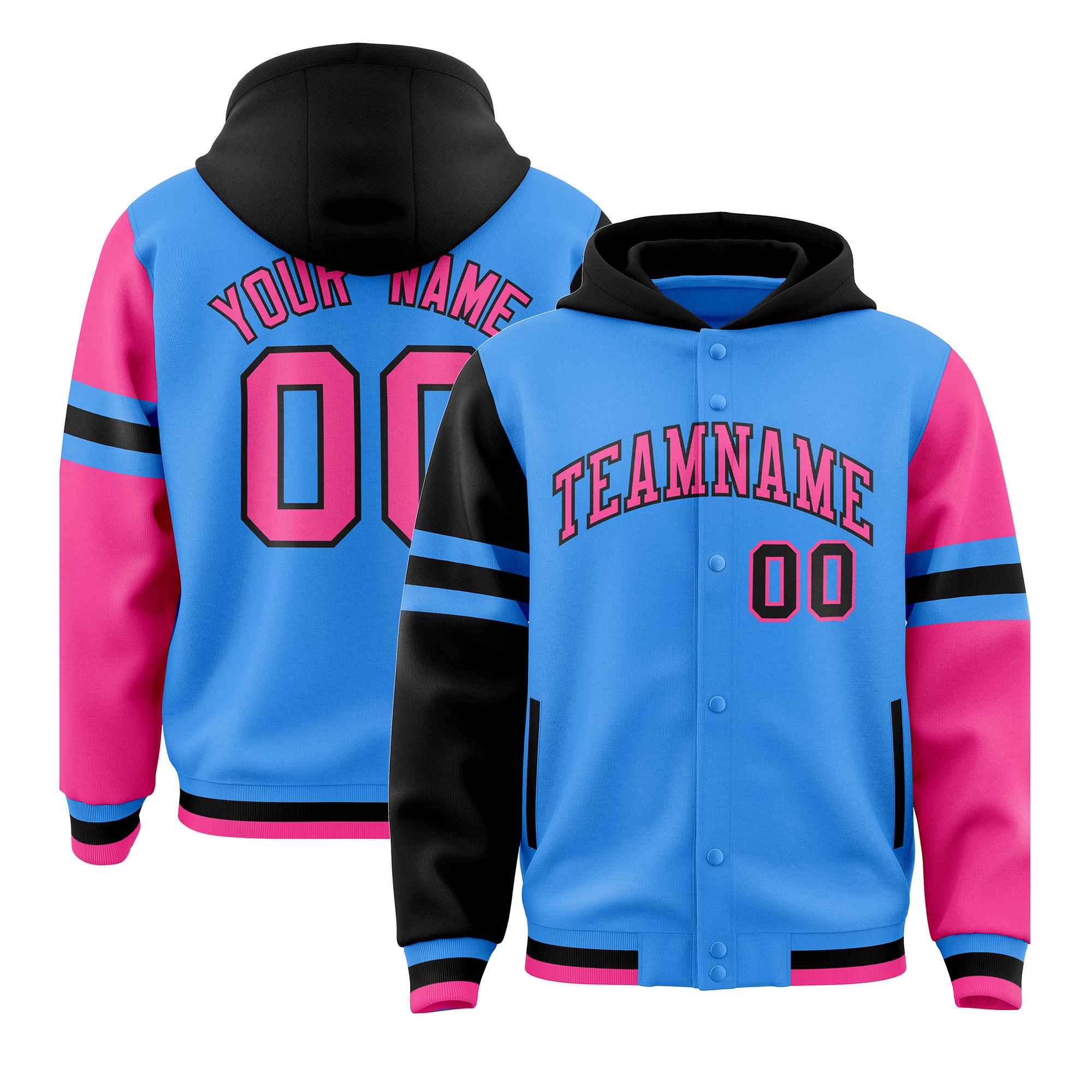 Custom Powder Blue Black-Pink Raglan Sleeves Varsity Full-Snap Letterman Three Stripes Jacket Hoodie| KXKSHOP