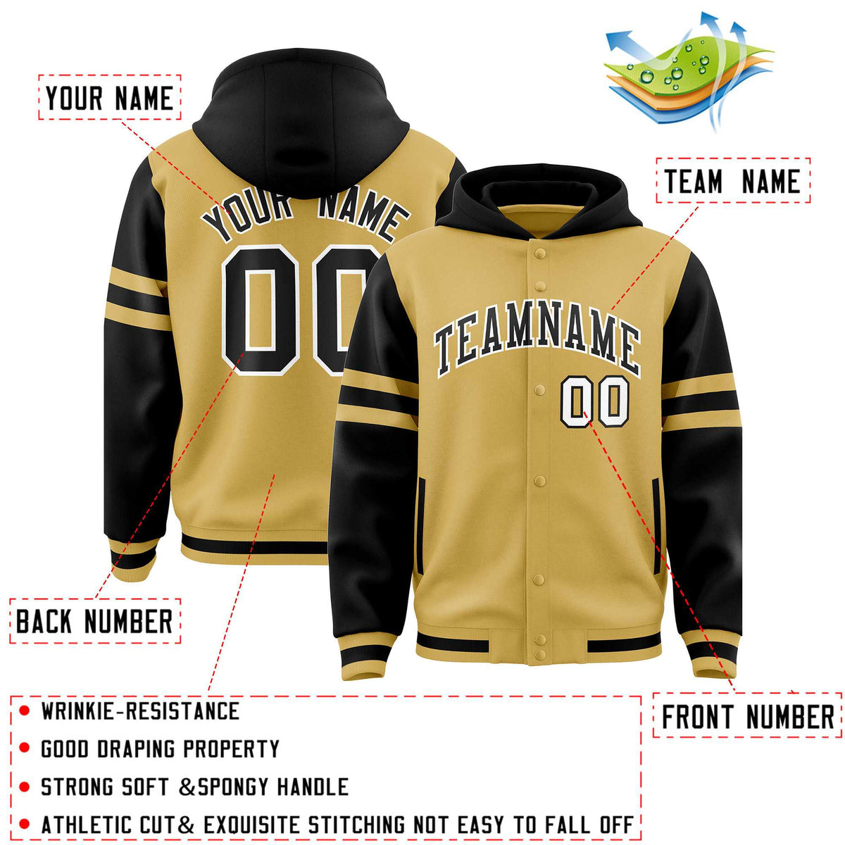 Custom Old Gold Black Raglan Sleeves Varsity Full-Snap Letterman Three Stripes Jacket Hoodie| KXKSHOP