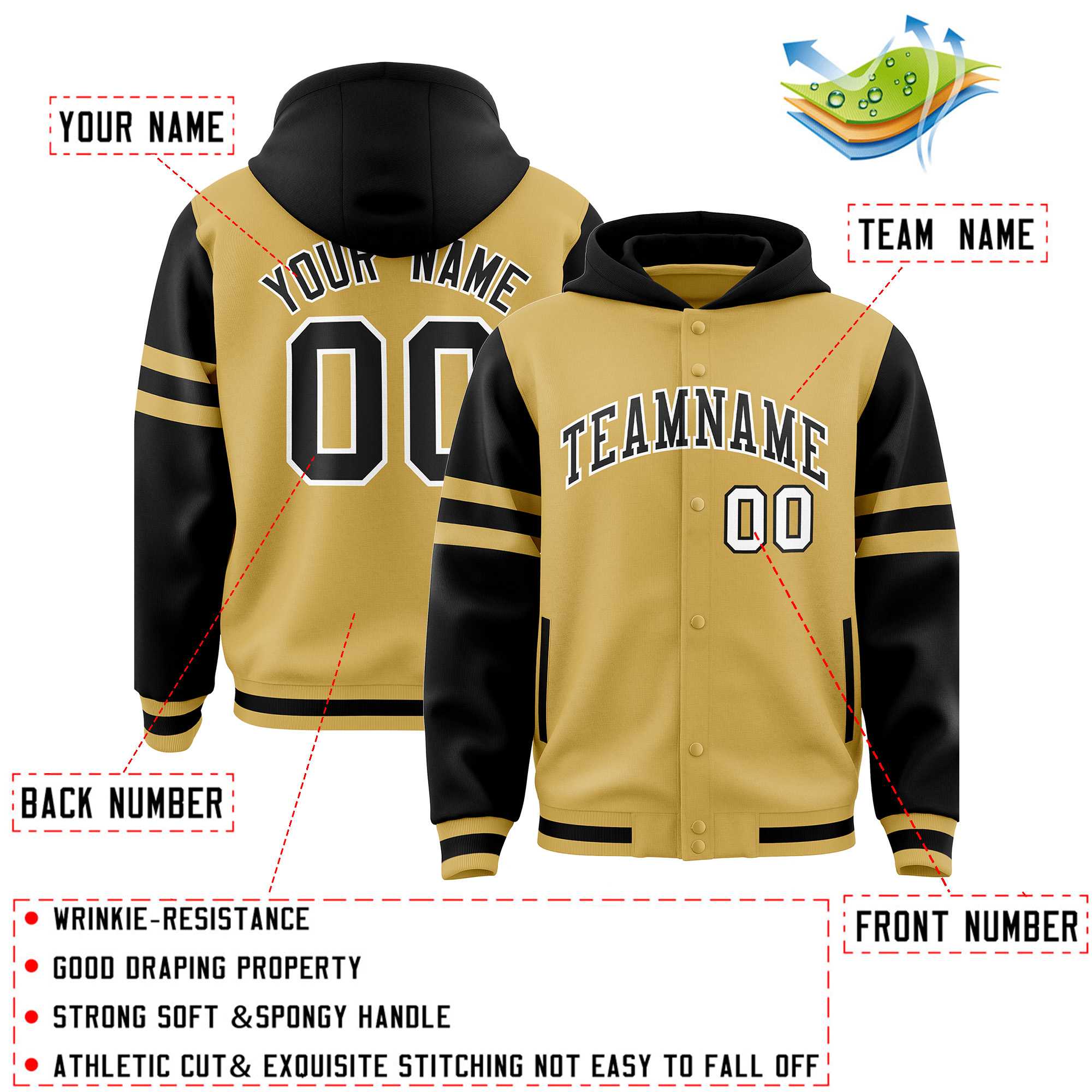 Custom Old Gold Black Raglan Sleeves Varsity Full-Snap Letterman Three Stripes Jacket Hoodie| KXKSHOP