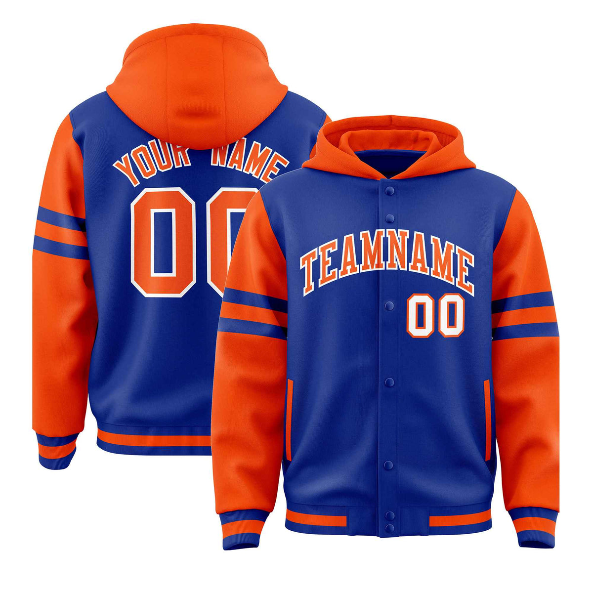 Custom Royal Orange Raglan Sleeves Varsity Full-Snap Letterman Three Stripes Jacket Hoodie| KXKSHOP