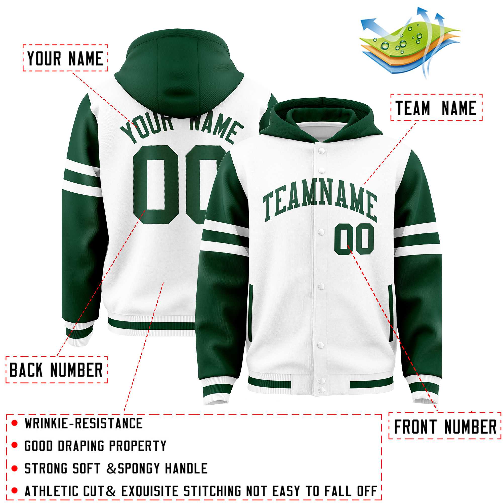 Custom White Green Raglan Sleeves Varsity Full-Snap Letterman Three Stripes Jacket Hoodie| KXKSHOP