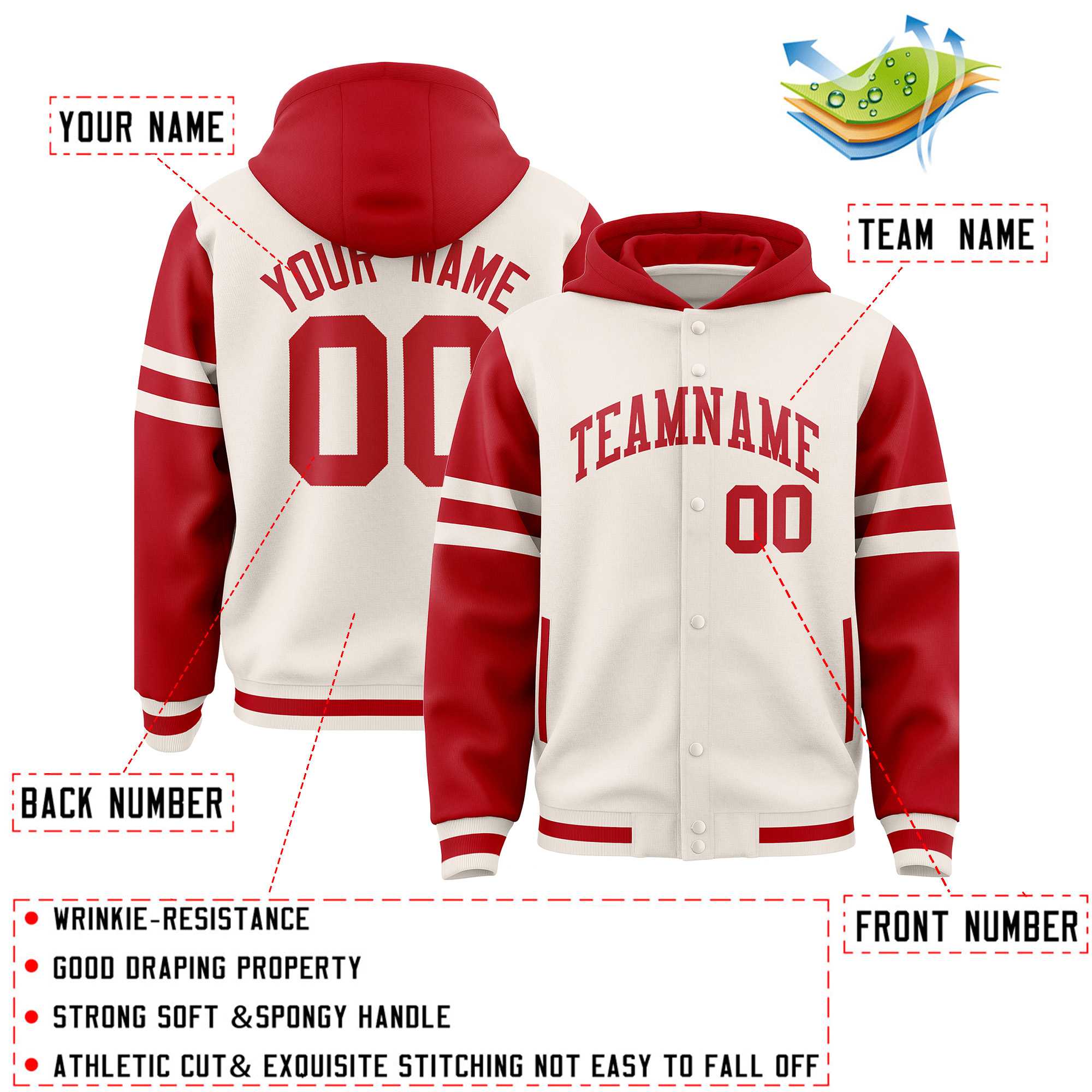 Custom Cream Red Raglan Sleeves Varsity Full-Snap Letterman Three Stripes Jacket Hoodie| KXKSHOP