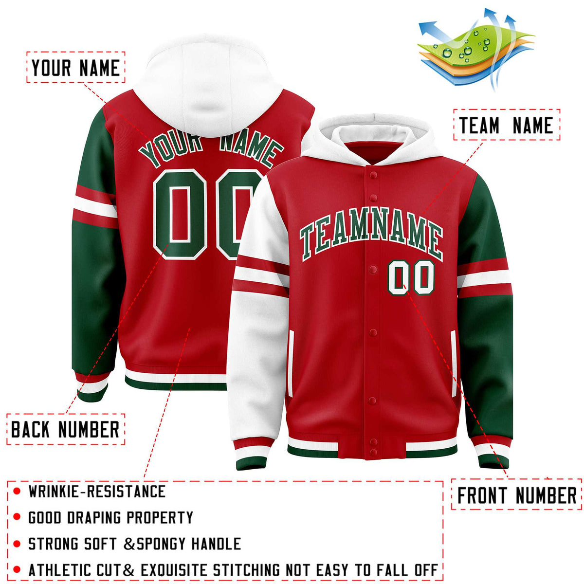 Custom Red White-Green Raglan Sleeves Varsity Full-Snap Letterman Three Stripes Jacket Hoodie| KXKSHOP