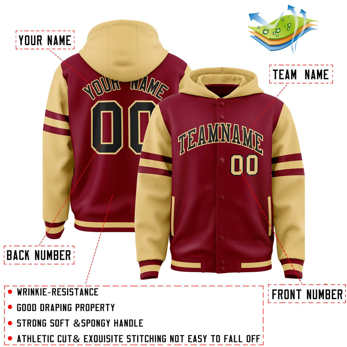 Custom Crimson Khaki Raglan Sleeves Varsity Full-Snap Letterman Three Stripes Jacket Hoodie| KXKSHOP