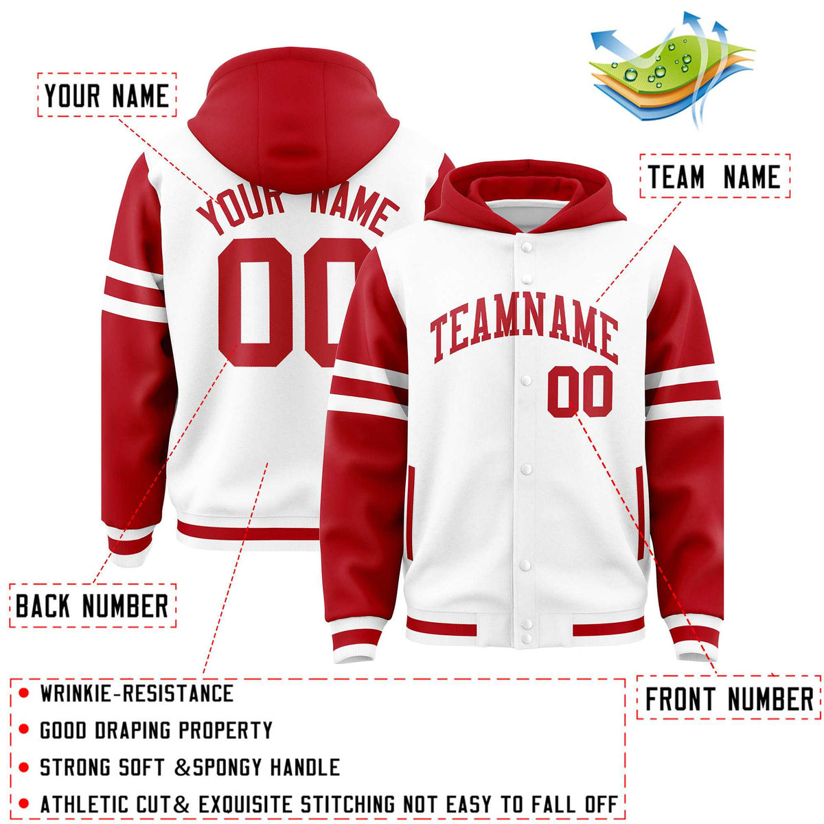 Custom White Red Raglan Sleeves Varsity Full-Snap Letterman Three Stripes Jacket Hoodie| KXKSHOP