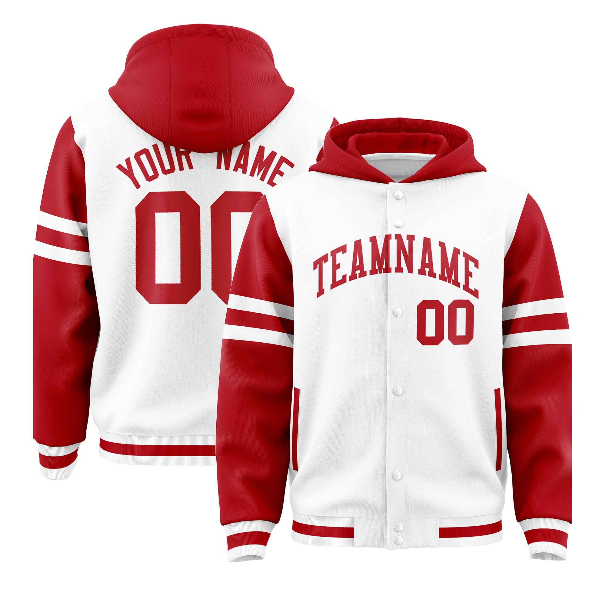 Custom White Red Raglan Sleeves Varsity Full-Snap Letterman Three Stripes Jacket Hoodie| KXKSHOP