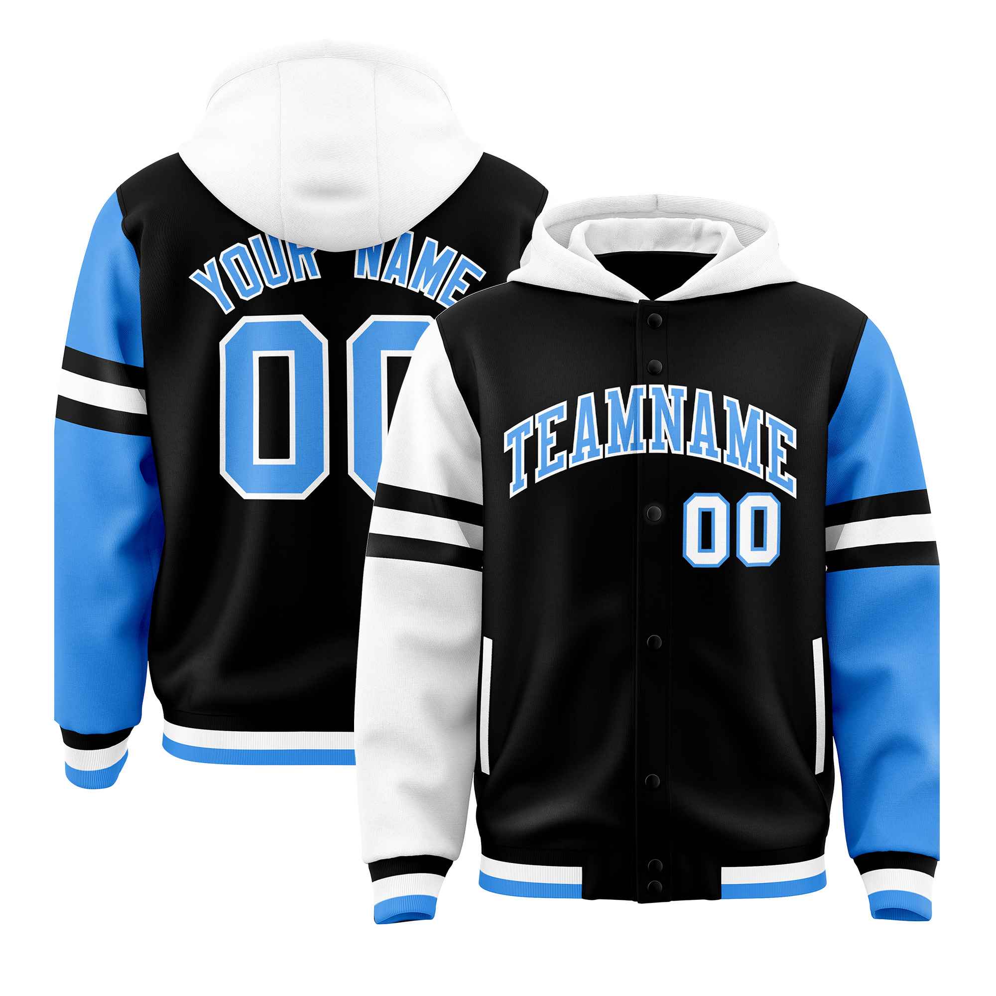 Custom Black White-Powder Blue Raglan Sleeves Varsity Full-Snap Letterman Three Stripes Jacket Hoodie| KXKSHOP