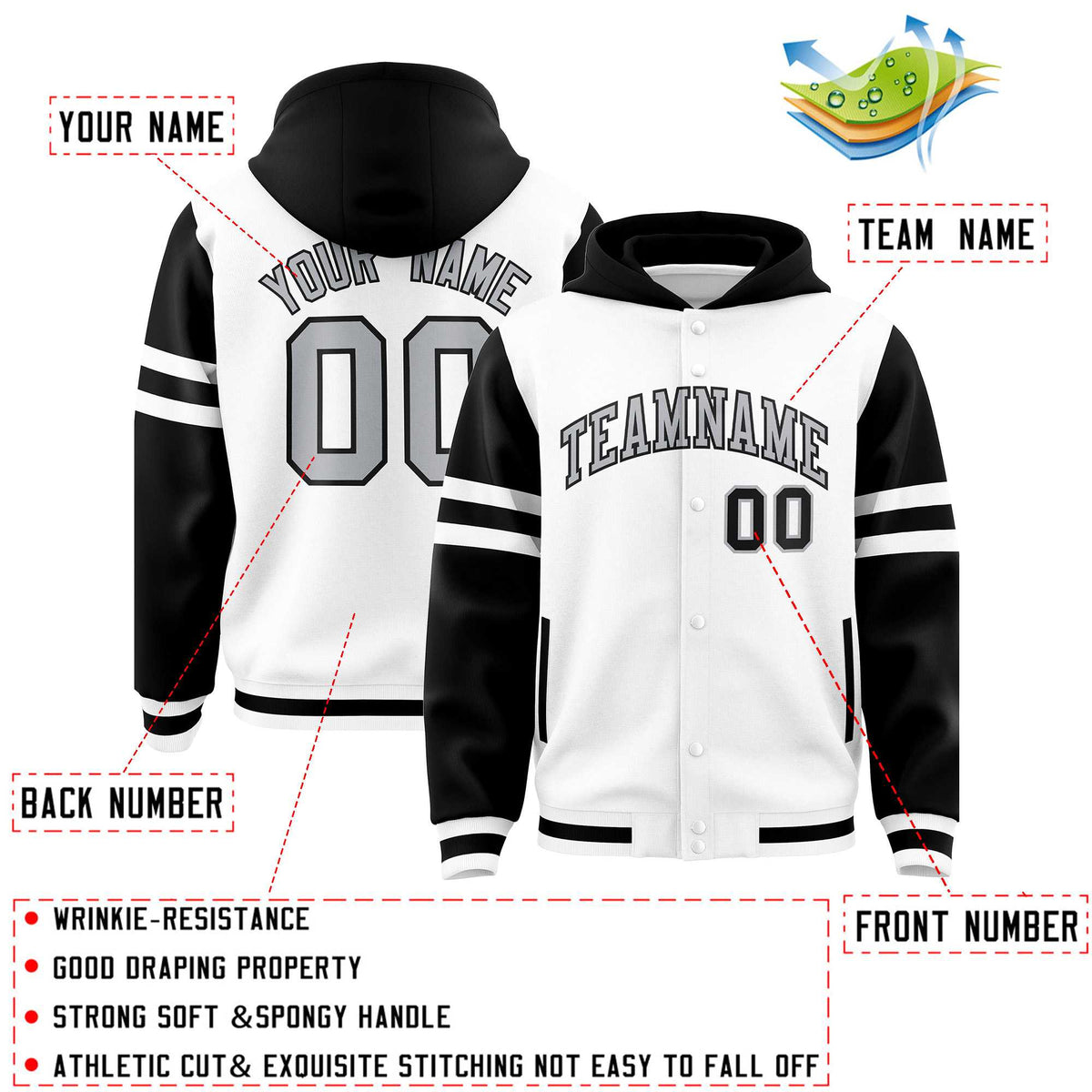 Custom White Black Raglan Sleeves Varsity Full-Snap Letterman Three Stripes Jacket Hoodie| KXKSHOP