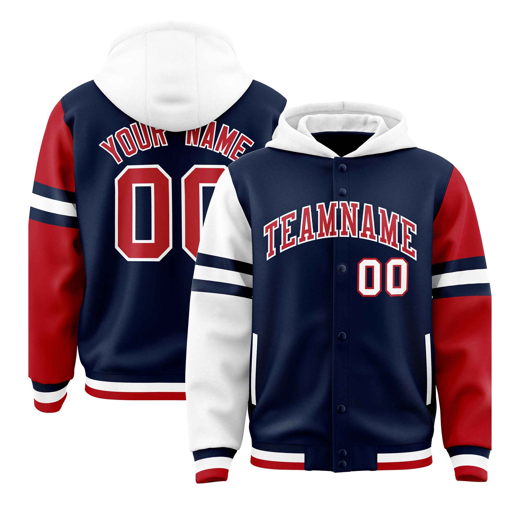 Custom Navy White-Red Raglan Sleeves Varsity Full-Snap Letterman Three Stripes Jacket Hoodie| KXKSHOP
