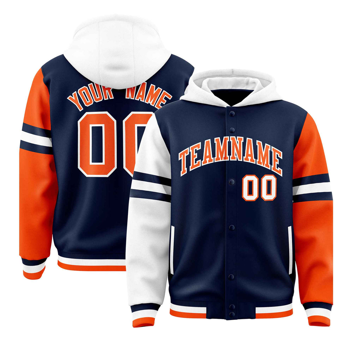 Custom Navy White-Orange Raglan Sleeves Varsity Full-Snap Letterman Three Stripes Jacket Hoodie| KXKSHOP