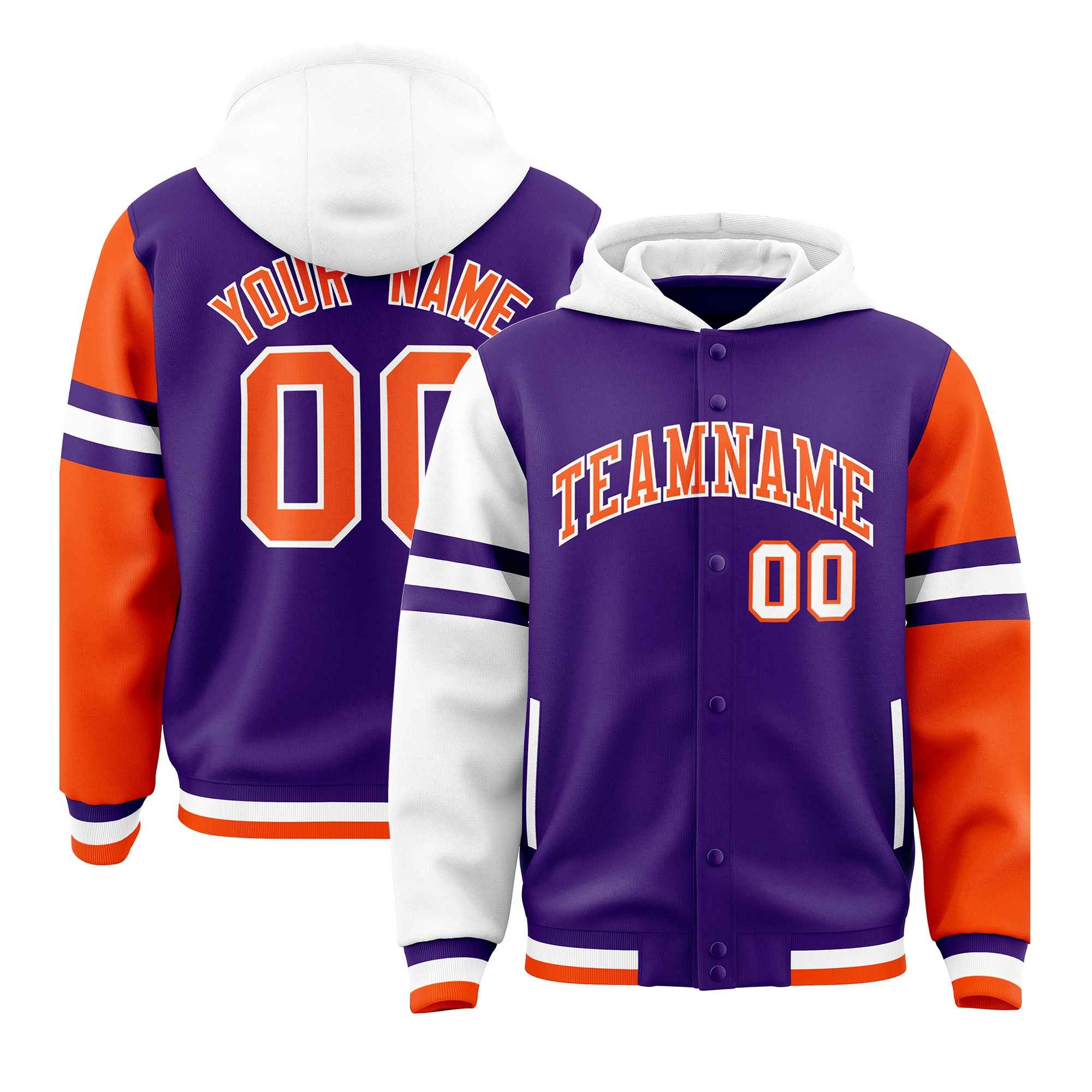 Custom Purple White-Orange Raglan Sleeves Varsity Full-Snap Letterman Three Stripes Jacket Hoodie| KXKSHOP