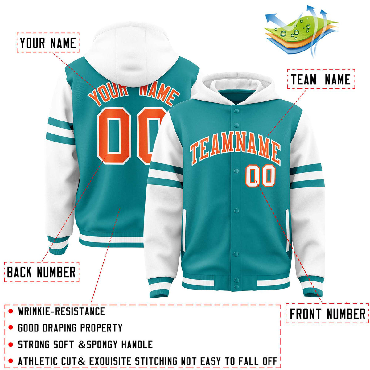 Custom Aqua White Raglan Sleeves Varsity Full-Snap Letterman Three Stripes Jacket Hoodie| KXKSHOP