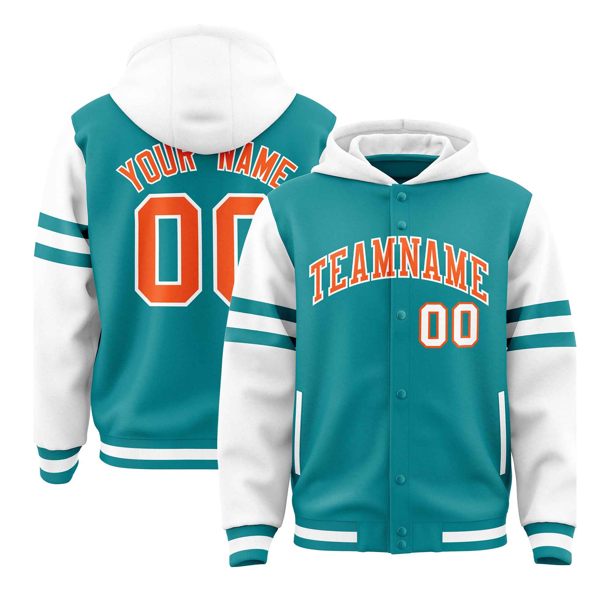 Custom Aqua White Raglan Sleeves Varsity Full-Snap Letterman Three Stripes Jacket Hoodie| KXKSHOP