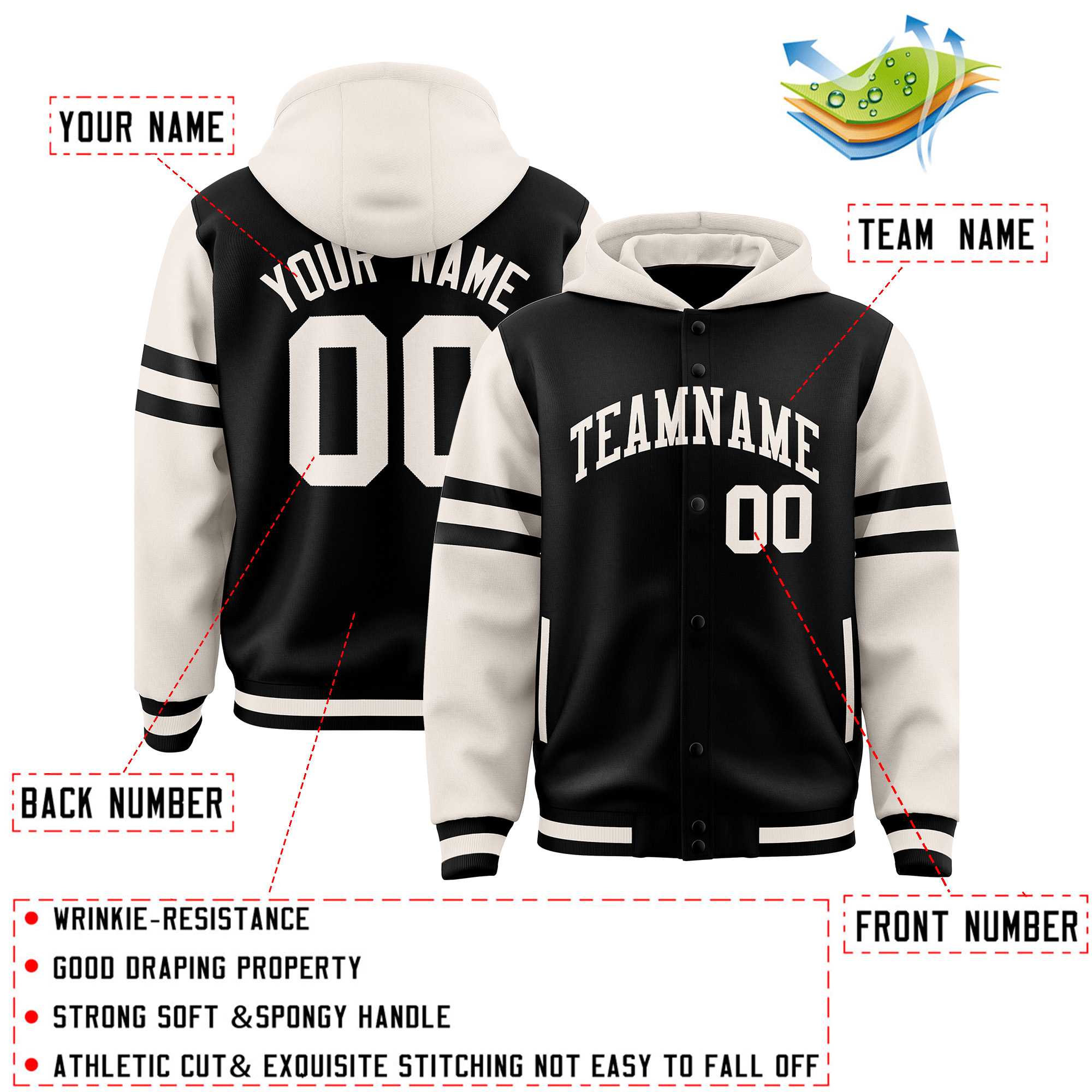 Custom Black Cream Raglan Sleeves Varsity Full-Snap Letterman Three Stripes Jacket Hoodie| KXKSHOP