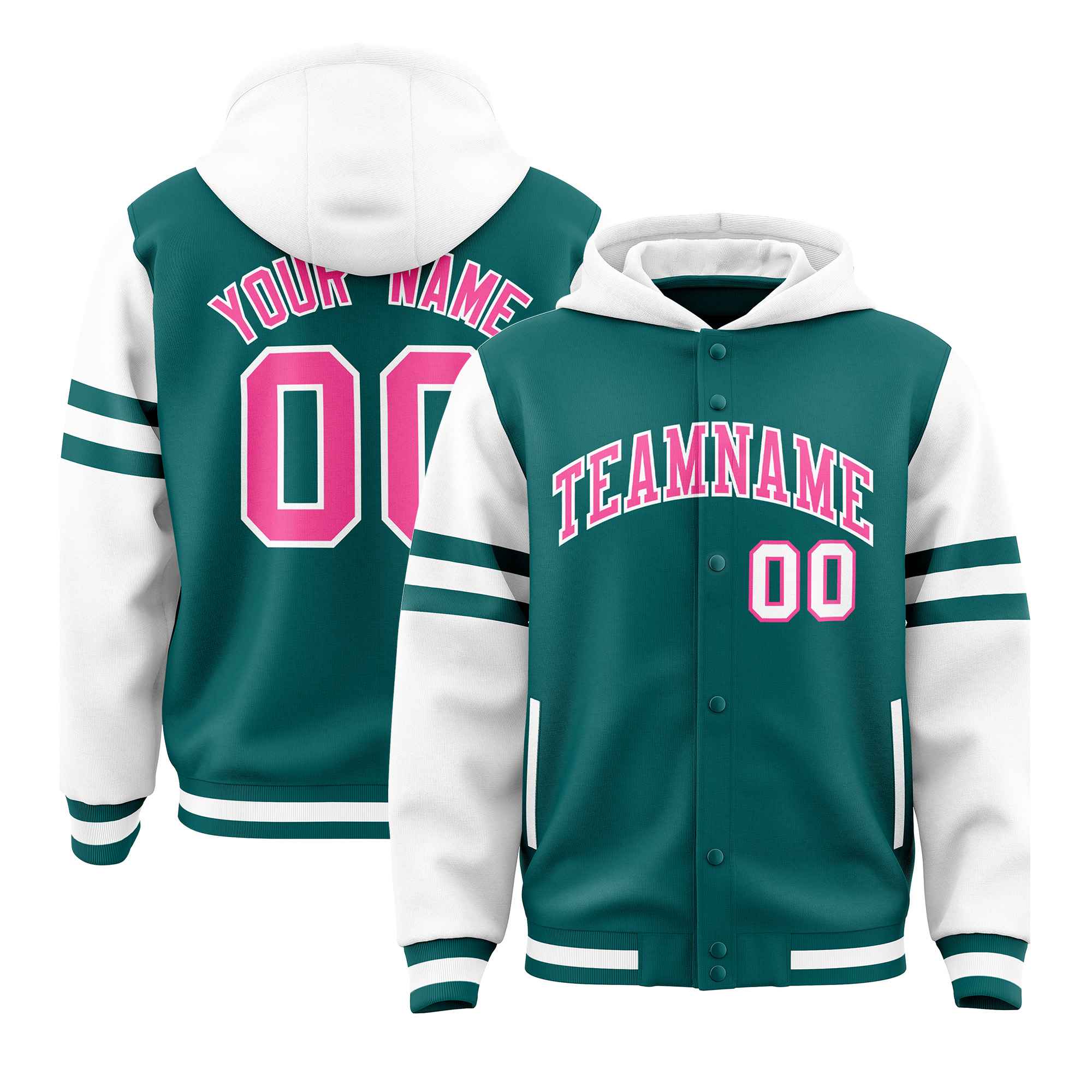 Custom Aqua White Raglan Sleeves Varsity Full-Snap Letterman Three Stripes Jacket Hoodie| KXKSHOP