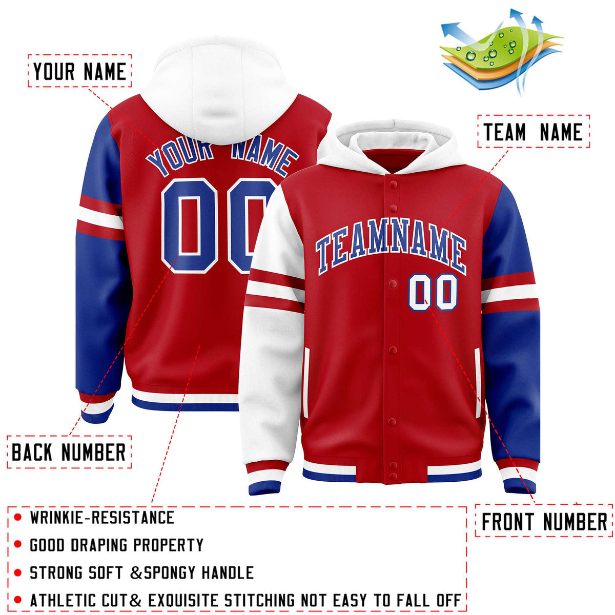 Custom Red White-Royal Raglan Sleeves Varsity Full-Snap Letterman Three Stripes Jacket Hoodie| KXKSHOP