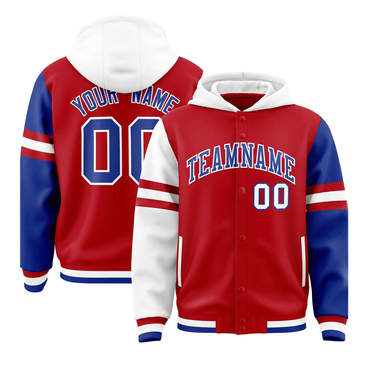 Custom Red White-Royal Raglan Sleeves Varsity Full-Snap Letterman Three Stripes Jacket Hoodie| KXKSHOP